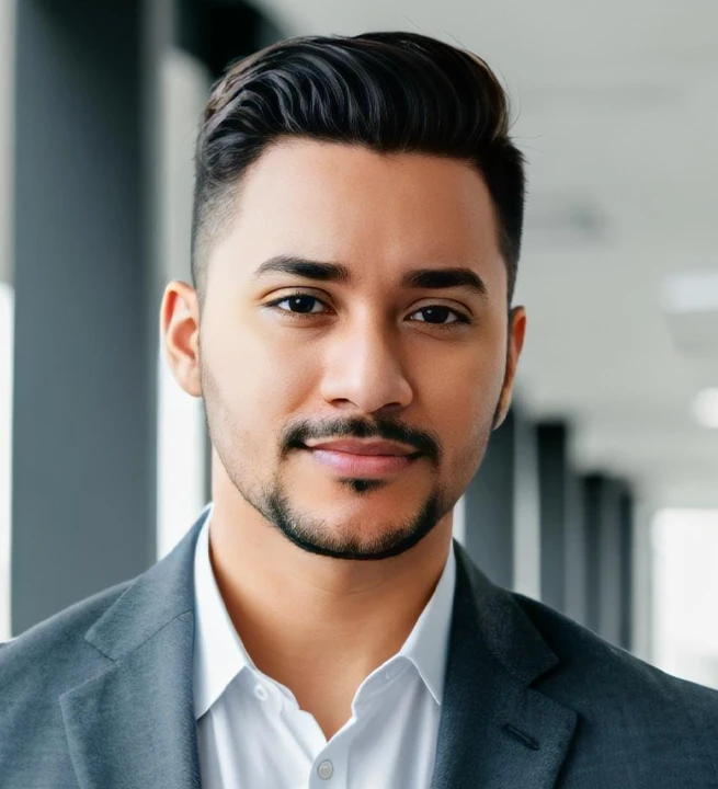 Homem moreno com barba e cabelo preto, olhar confiante vestindo terno